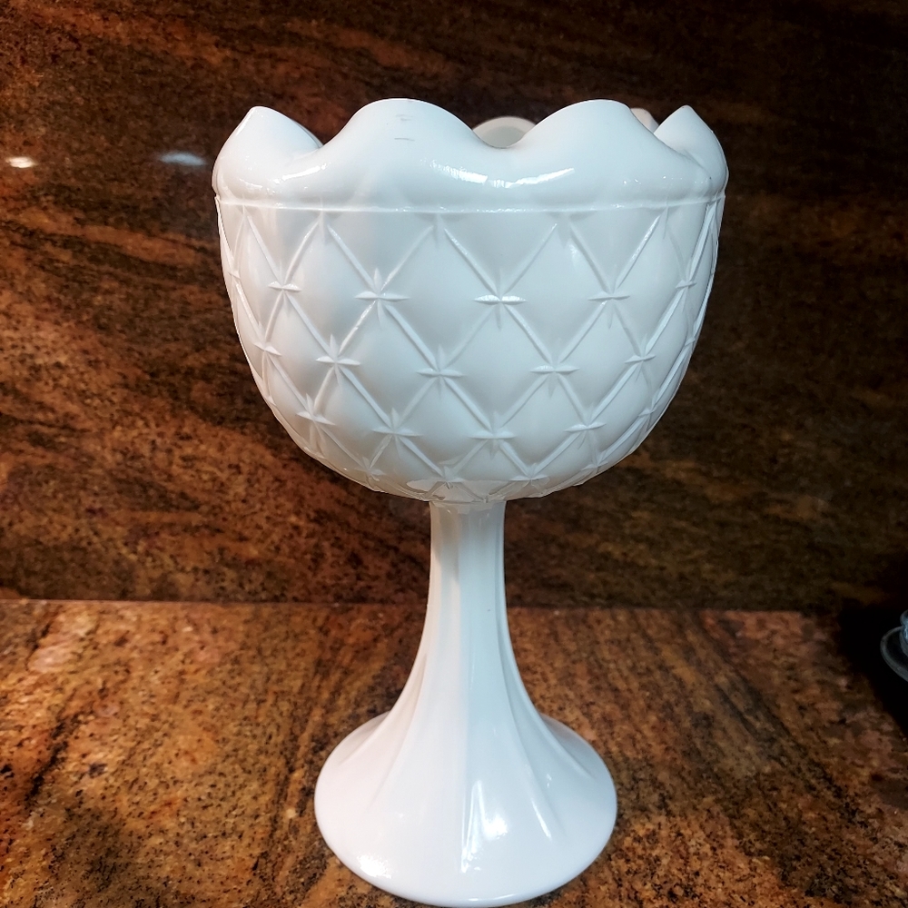 Vintage tall Quilted Milk Glass Compote.  B63